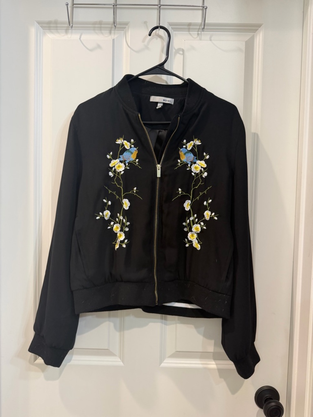 WD.NY Black Bomber Jacket with Blue Bird and Yellow Floral Embroidery